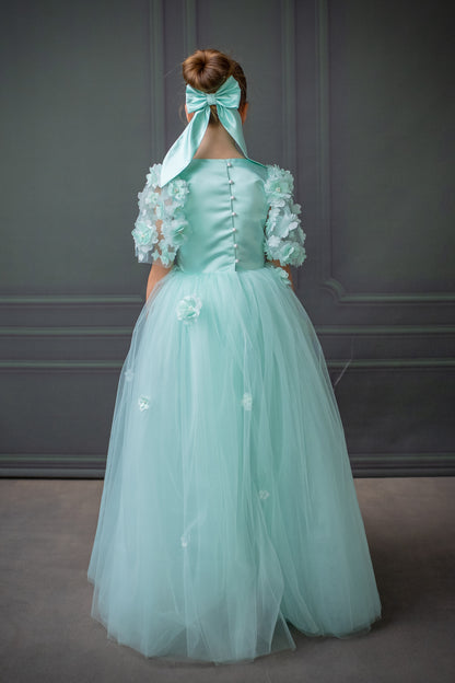 Mint Green Satin Flower Girl Dress with Flower Hairbow - Personalized Wedding Gown for Girls