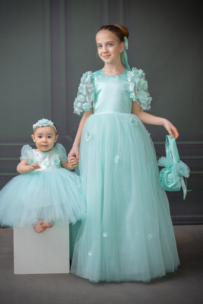 Mint Green Satin Flower Girl Dress with Flower Hairbow - Personalized Wedding Gown for Girls