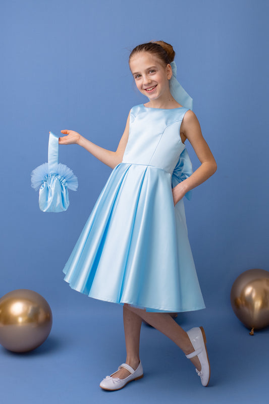 Baby Blue Satin Flower Girl Dress: V-Back Wedding Gown with Bow