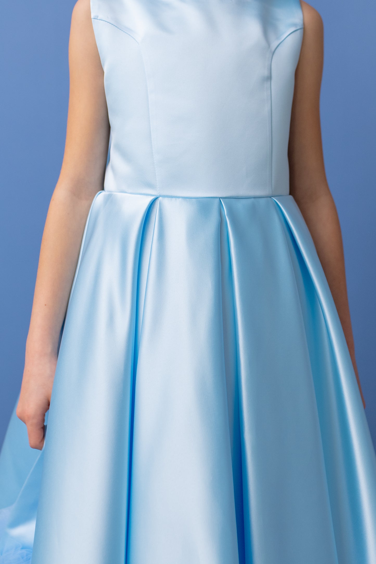 Baby Blue Satin Flower Girl Dress: V-Back Wedding Gown with Bow