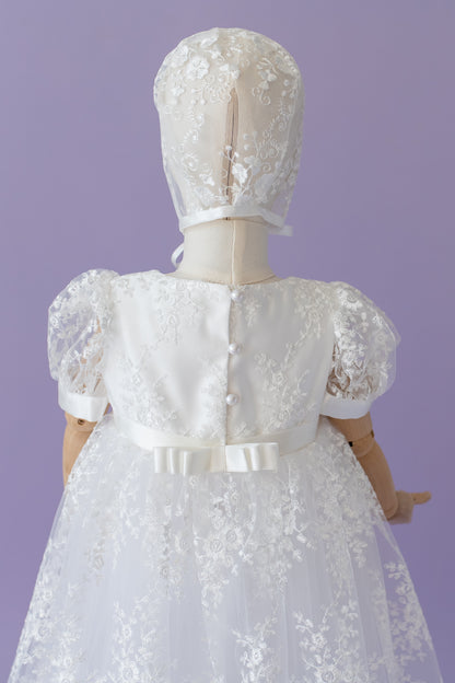 Handmade Baby Girl Baptism Dress White Lace Christening Gown with Bonnet Heirloom Blessing Outfit