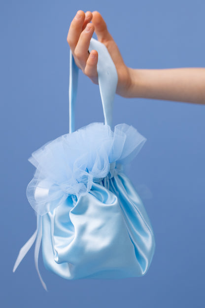 Baby Blue Satin Flower Girl Dress: V-Back Wedding Gown with Bow