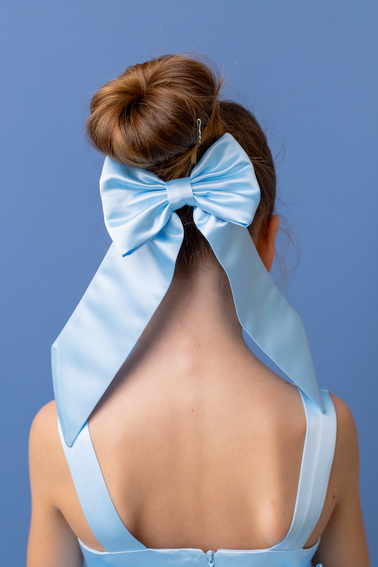 Baby Blue Satin Flower Girl Dress: V-Back Wedding Gown with Bow
