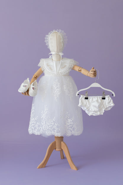 Baptism Dress for Girl | Christening Gown Set | Lace Handmade Bonnet and Shoes