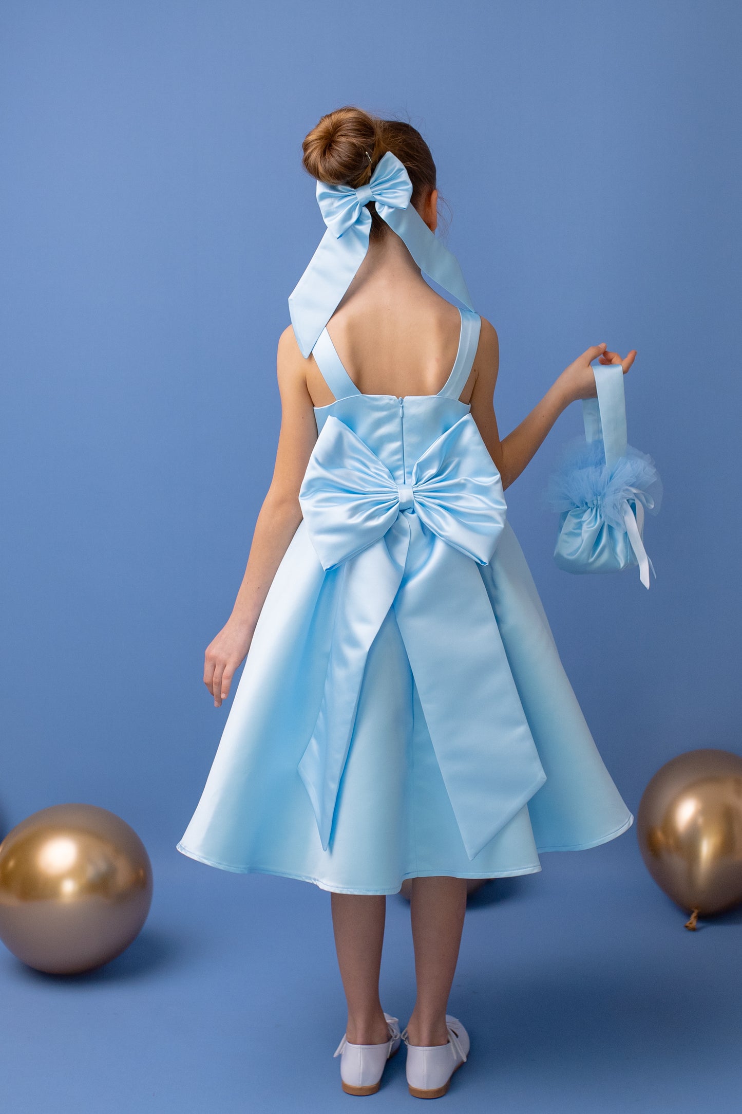 Baby Blue Satin Flower Girl Dress: V-Back Wedding Gown with Bow