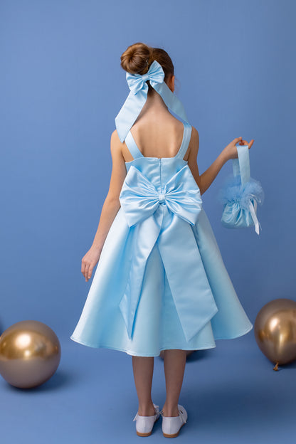 Baby Blue Satin Flower Girl Dress: V-Back Wedding Gown with Bow