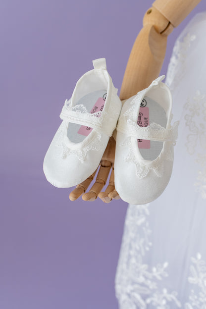 Baptism Dress for Girl | Christening Gown Set | Lace Handmade Bonnet and Shoes