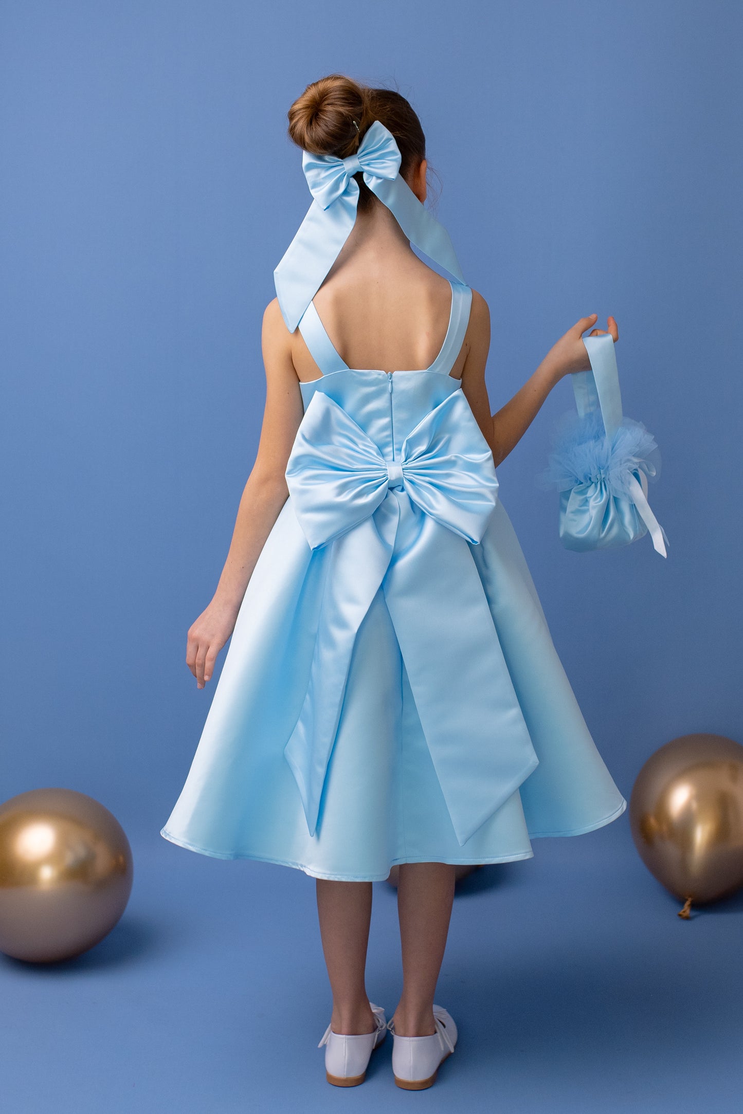 Baby Blue Satin Flower Girl Dress: V-Back Wedding Gown with Bow
