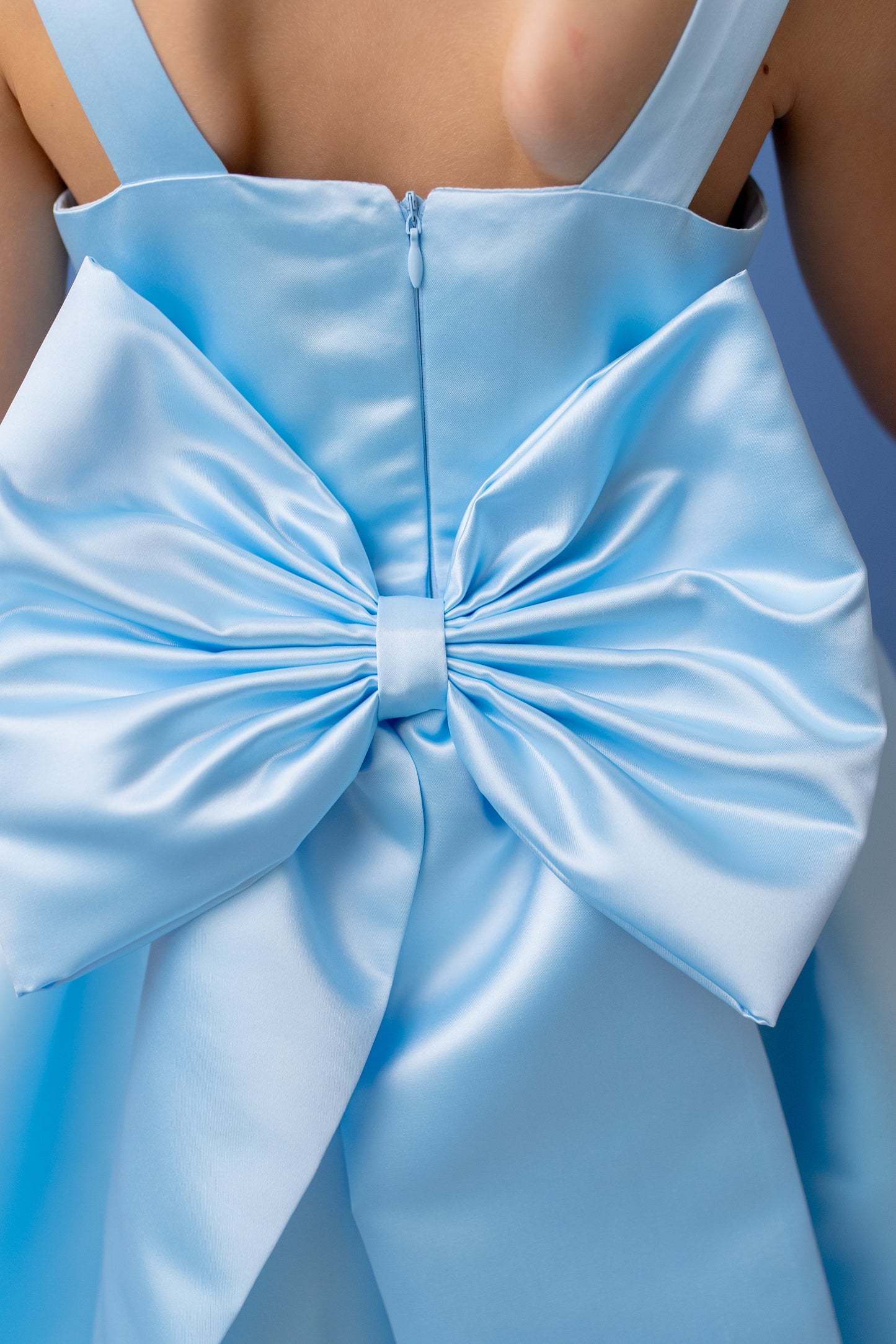 Baby Blue Satin Flower Girl Dress: V-Back Wedding Gown with Bow