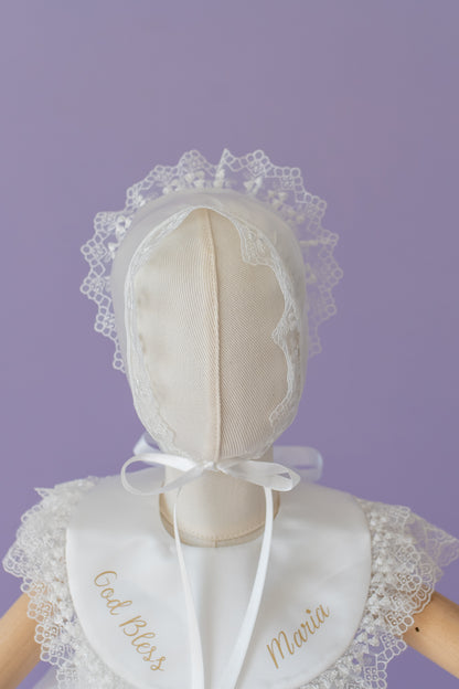 Baptism Dress for Girl | Christening Gown Set | Lace Handmade Bonnet and Shoes