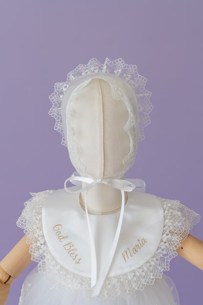 Baptism Dress for Girl | Christening Gown Set | Lace Handmade Bonnet and Shoes
