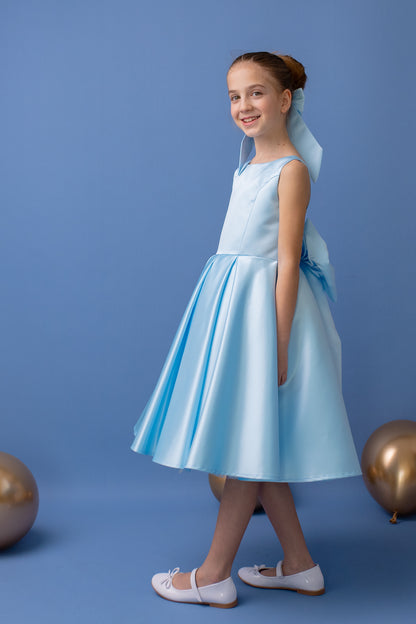 Baby Blue Satin Flower Girl Dress: V-Back Wedding Gown with Bow