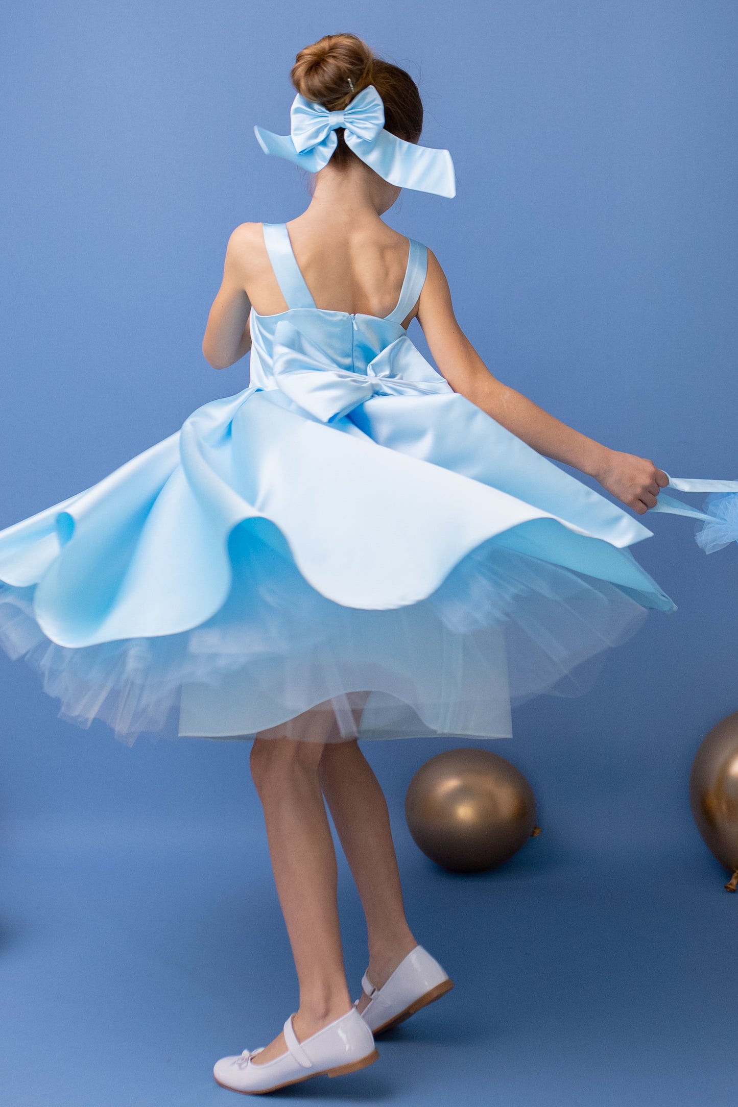 Baby Blue Satin Flower Girl Dress: V-Back Wedding Gown with Bow