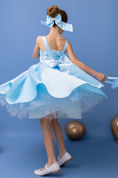 Baby Blue Satin Flower Girl Dress: V-Back Wedding Gown with Bow