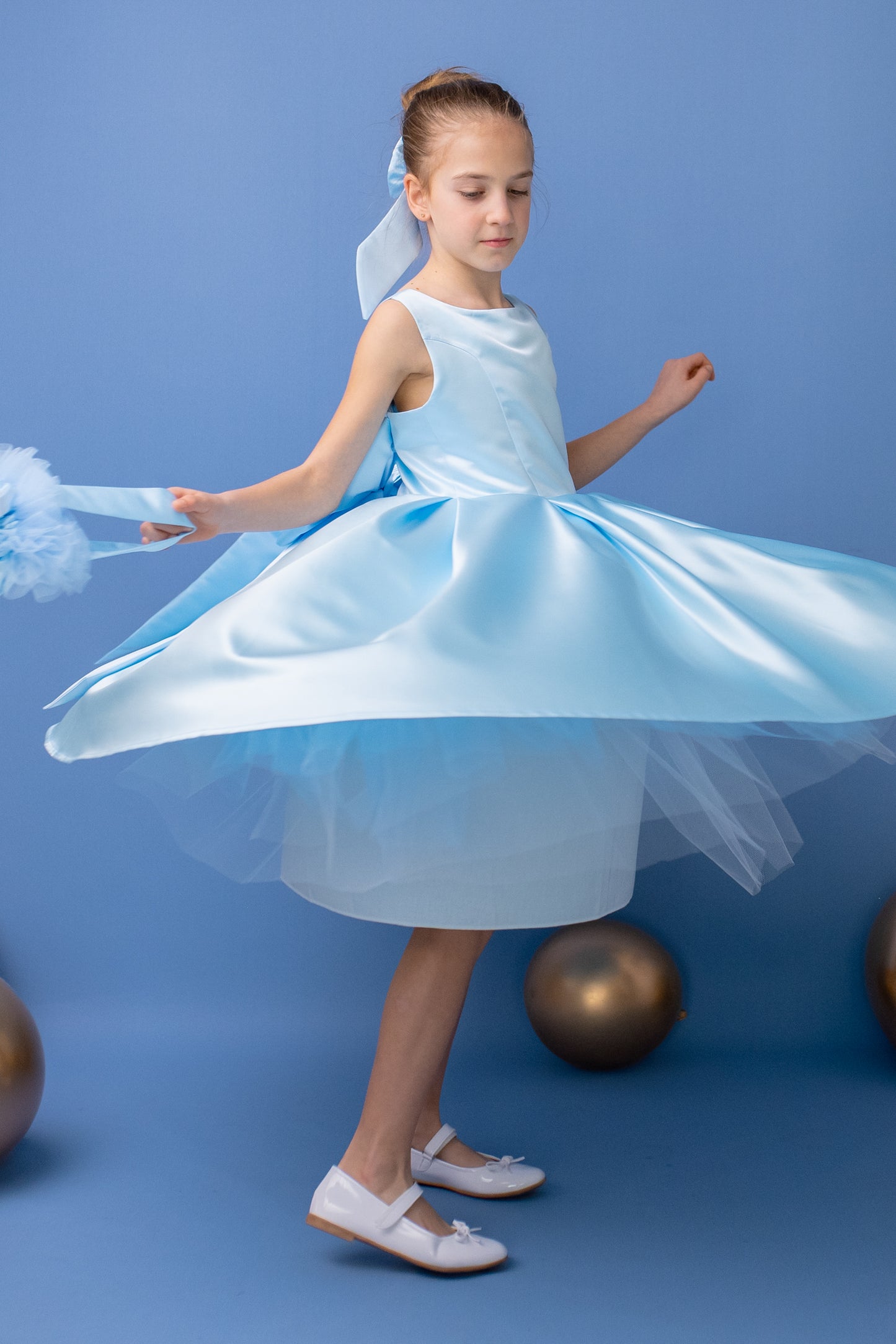 Baby Blue Satin Flower Girl Dress: V-Back Wedding Gown with Bow