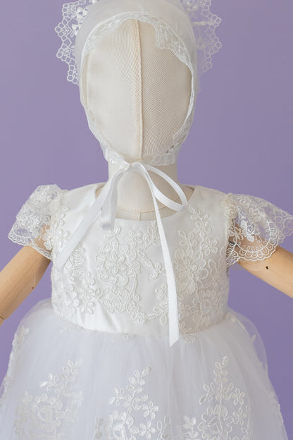 Baptism Dress for Girl | Christening Gown Set | Lace Handmade Bonnet and Shoes