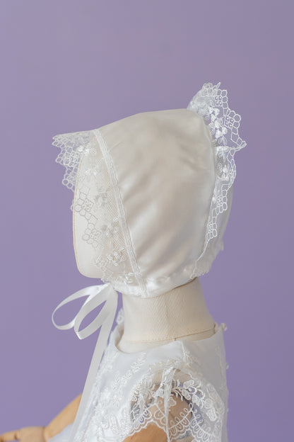 Baptism Dress for Girl | Christening Gown Set | Lace Handmade Bonnet and Shoes