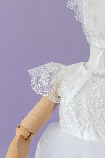 Baptism Dress for Girl | Christening Gown Set | Lace Handmade Bonnet and Shoes