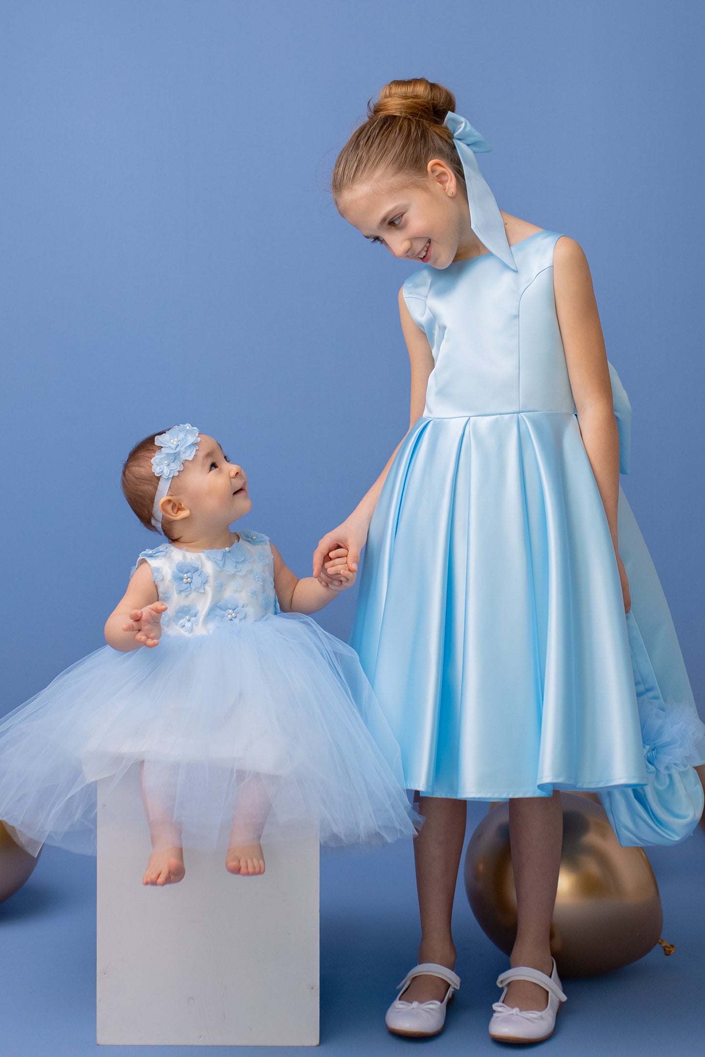 Baby Blue Satin Flower Girl Dress: V-Back Wedding Gown with Bow
