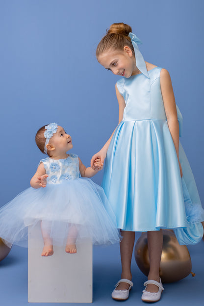 Baby Blue Satin Flower Girl Dress: V-Back Wedding Gown with Bow