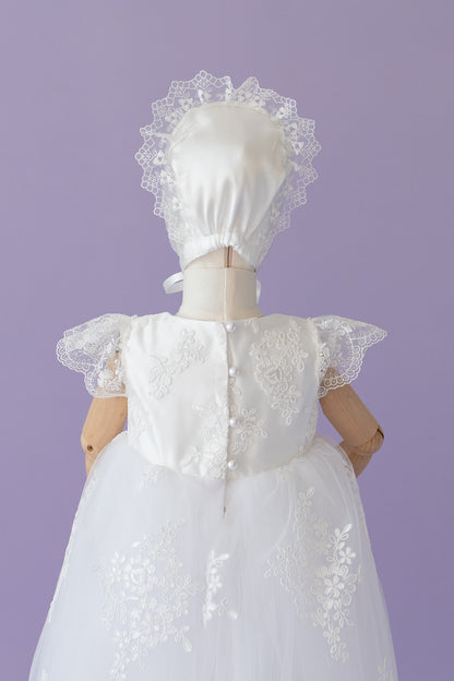 Baptism Dress for Girl | Christening Gown Set | Lace Handmade Bonnet and Shoes
