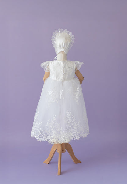 Baptism Dress for Girl | Christening Gown Set | Lace Handmade Bonnet and Shoes