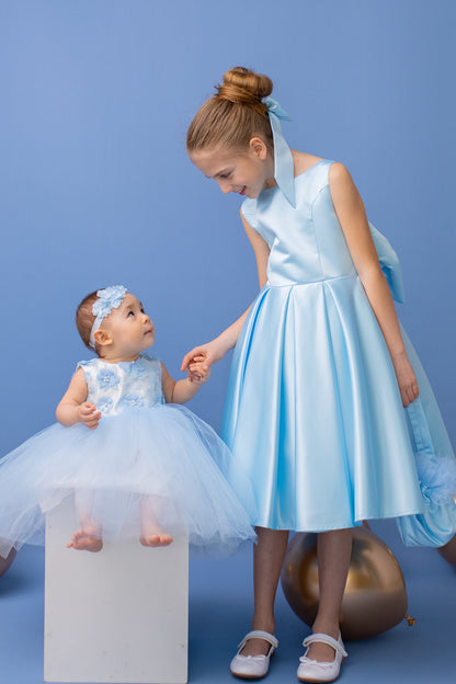 Baby Blue Satin Flower Girl Dress: V-Back Wedding Gown with Bow