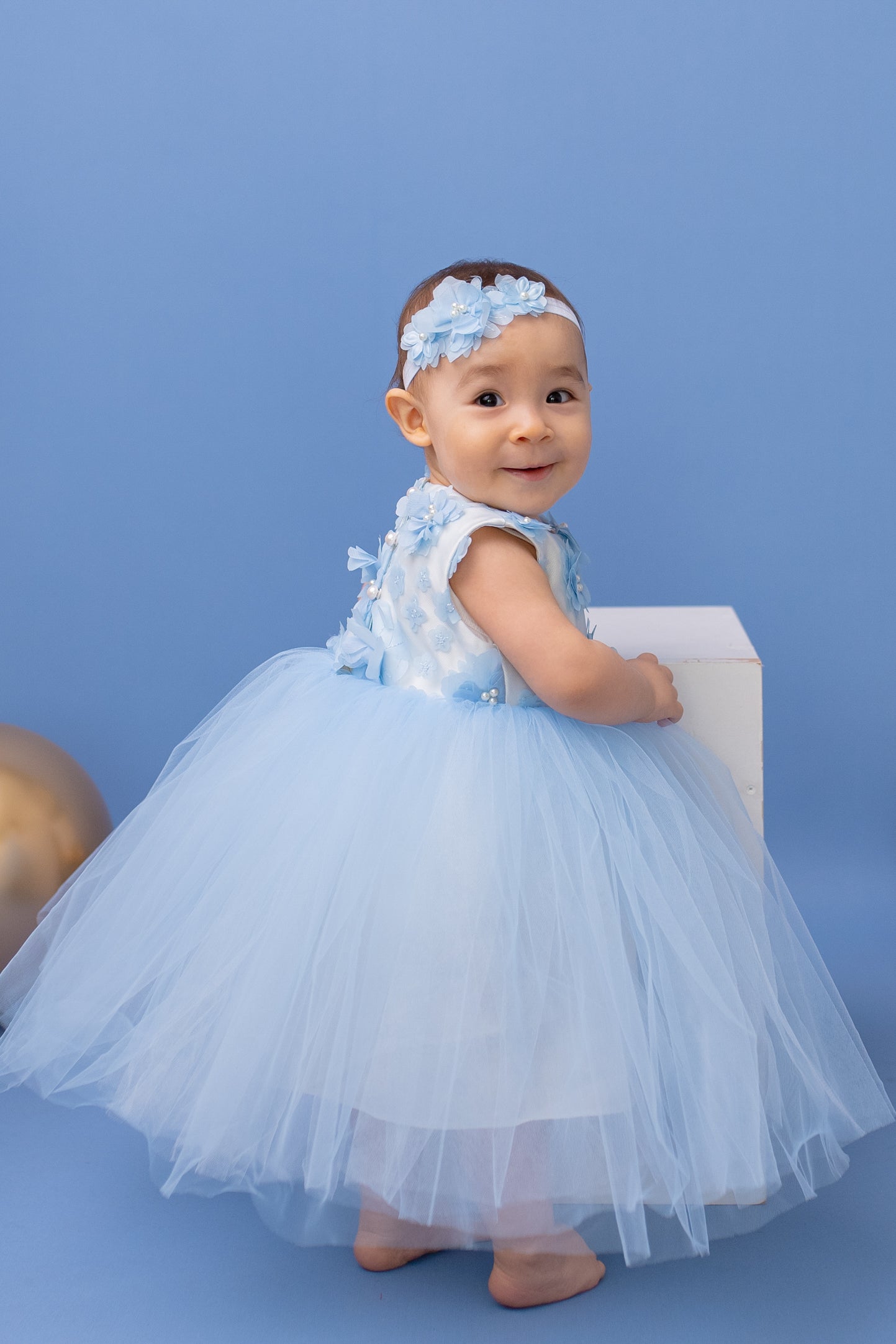 Baby Blue Satin Flower Girl Dress: V-Back Wedding Gown with Bow