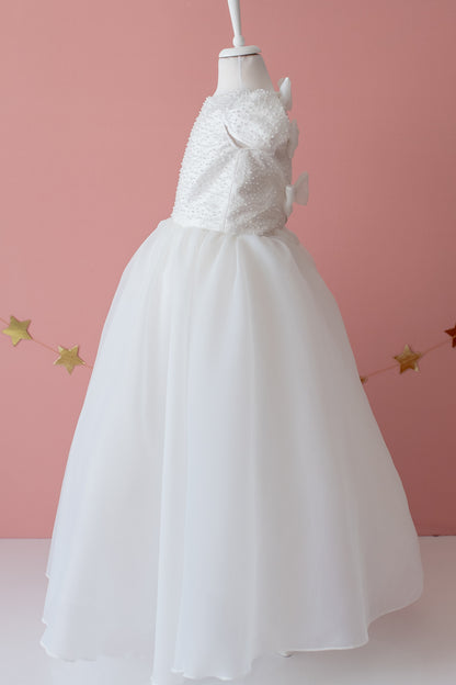 Elegant Off-White Flower Girl Dress with Pearls, Satin Bows