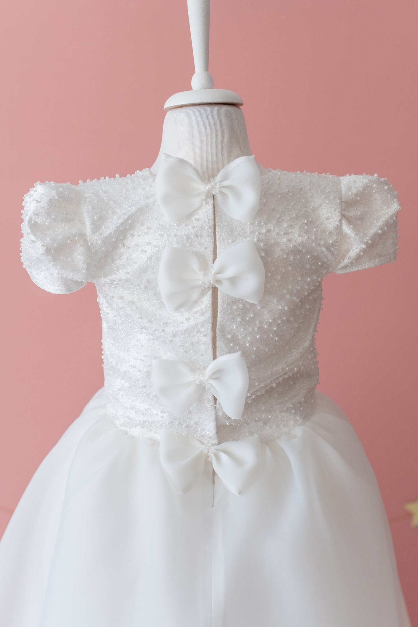 Elegant Off-White Flower Girl Dress with Pearls, Satin Bows