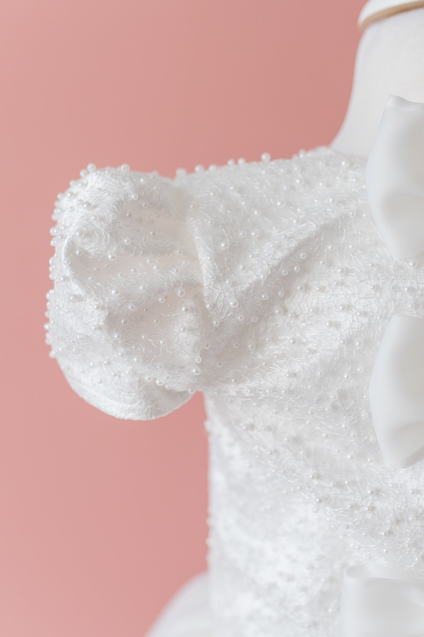 Elegant Off-White Flower Girl Dress with Pearls, Satin Bows