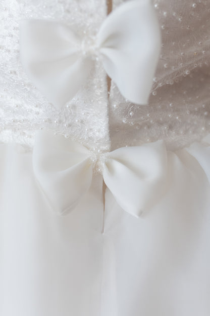 Elegant Off-White Flower Girl Dress with Pearls, Satin Bows
