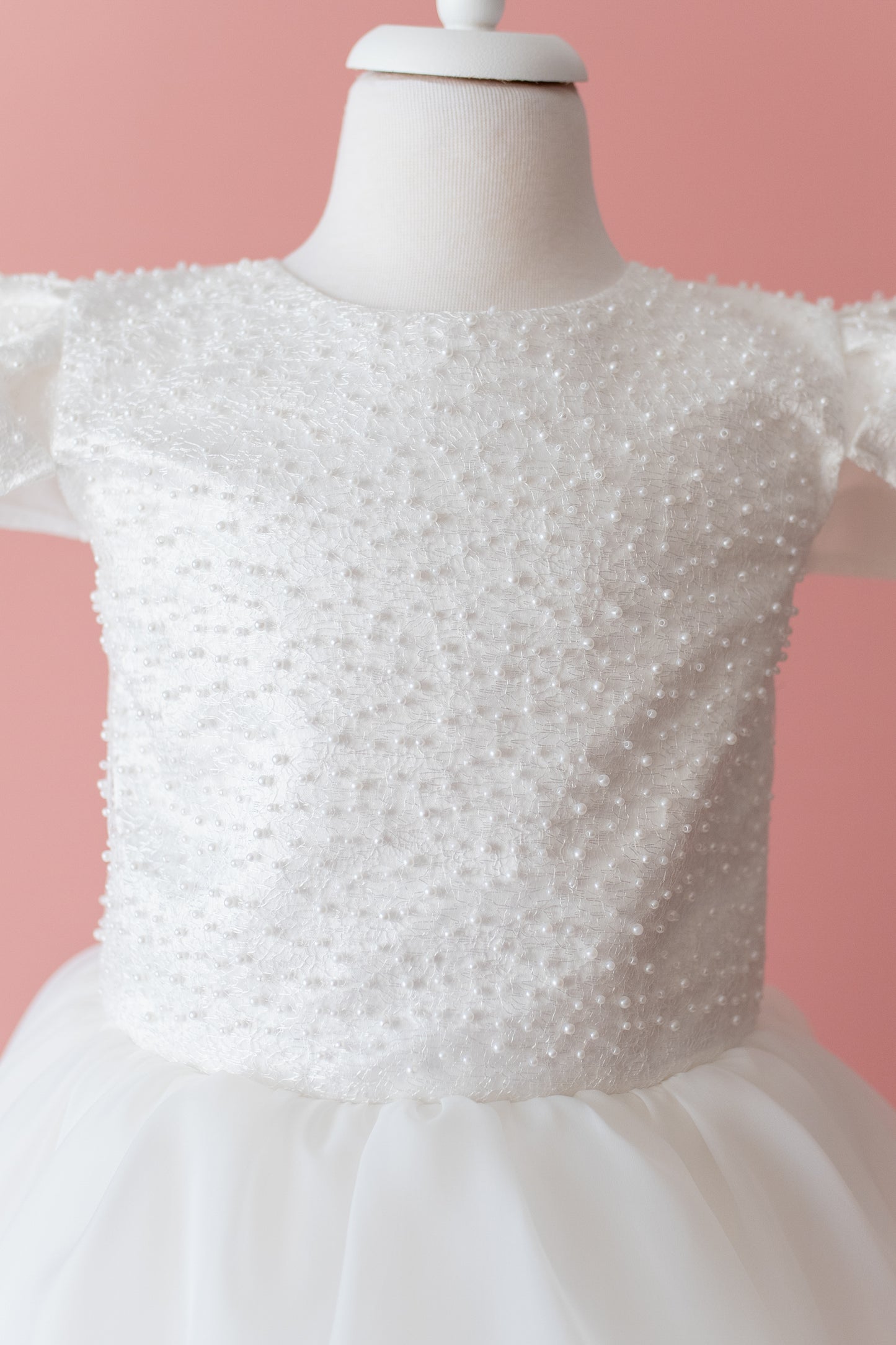 Elegant Off-White Flower Girl Dress with Pearls, Satin Bows