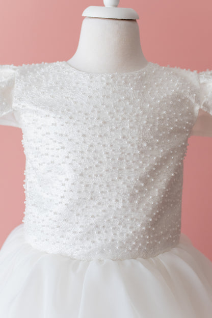 Elegant Off-White Flower Girl Dress with Pearls, Satin Bows