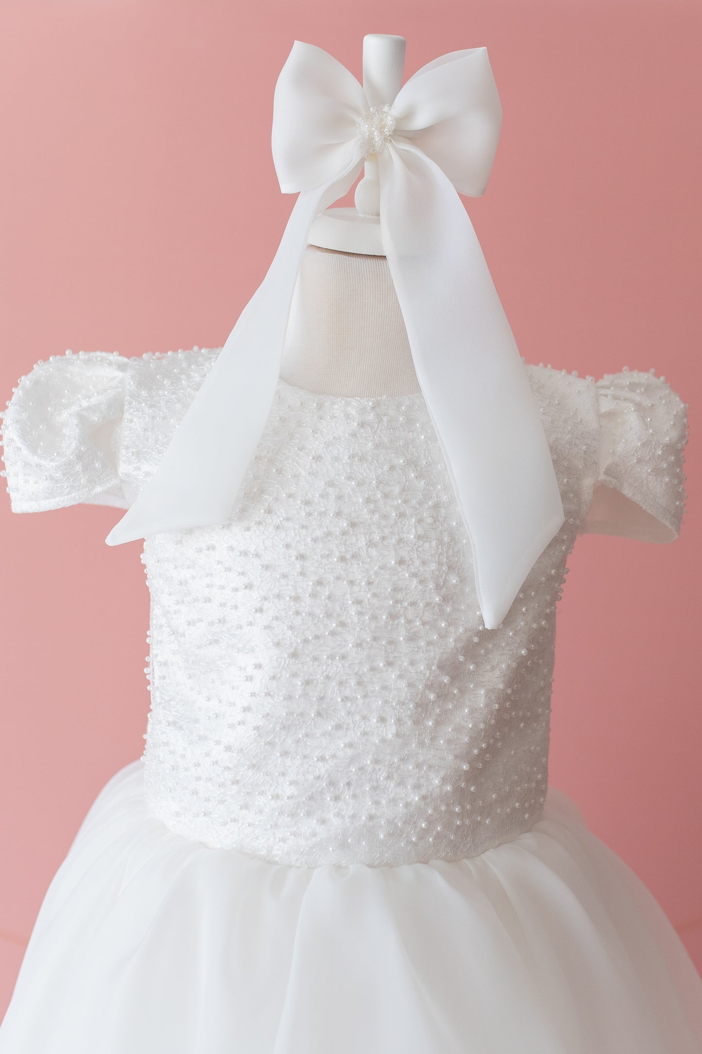 Elegant Off-White Flower Girl Dress with Pearls, Satin Bows