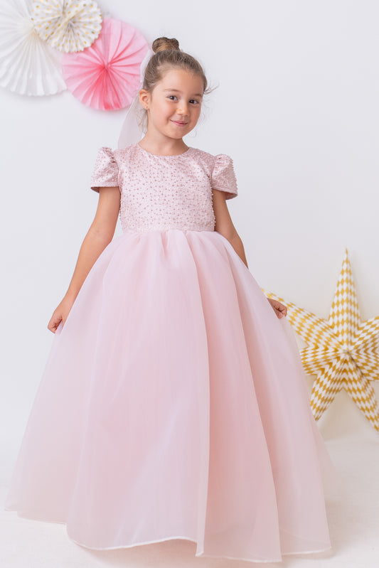 Elegant Blush Pink Flower Girl Dress with Pearls, Satin Bows