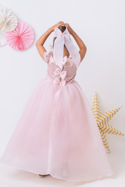 Elegant Blush Pink Flower Girl Dress with Pearls, Satin Bows