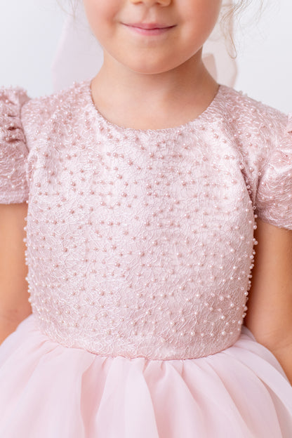 Elegant Blush Pink Flower Girl Dress with Pearls, Satin Bows