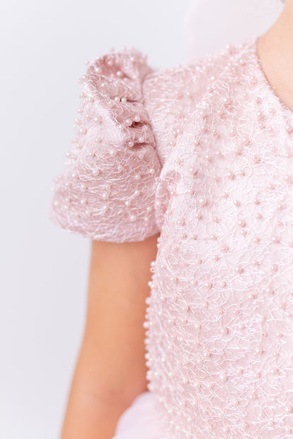 Elegant Blush Pink Flower Girl Dress with Pearls, Satin Bows