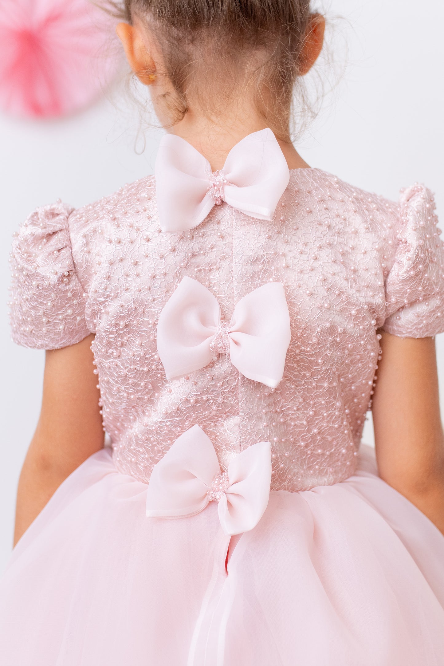 Elegant Blush Pink Flower Girl Dress with Pearls, Satin Bows