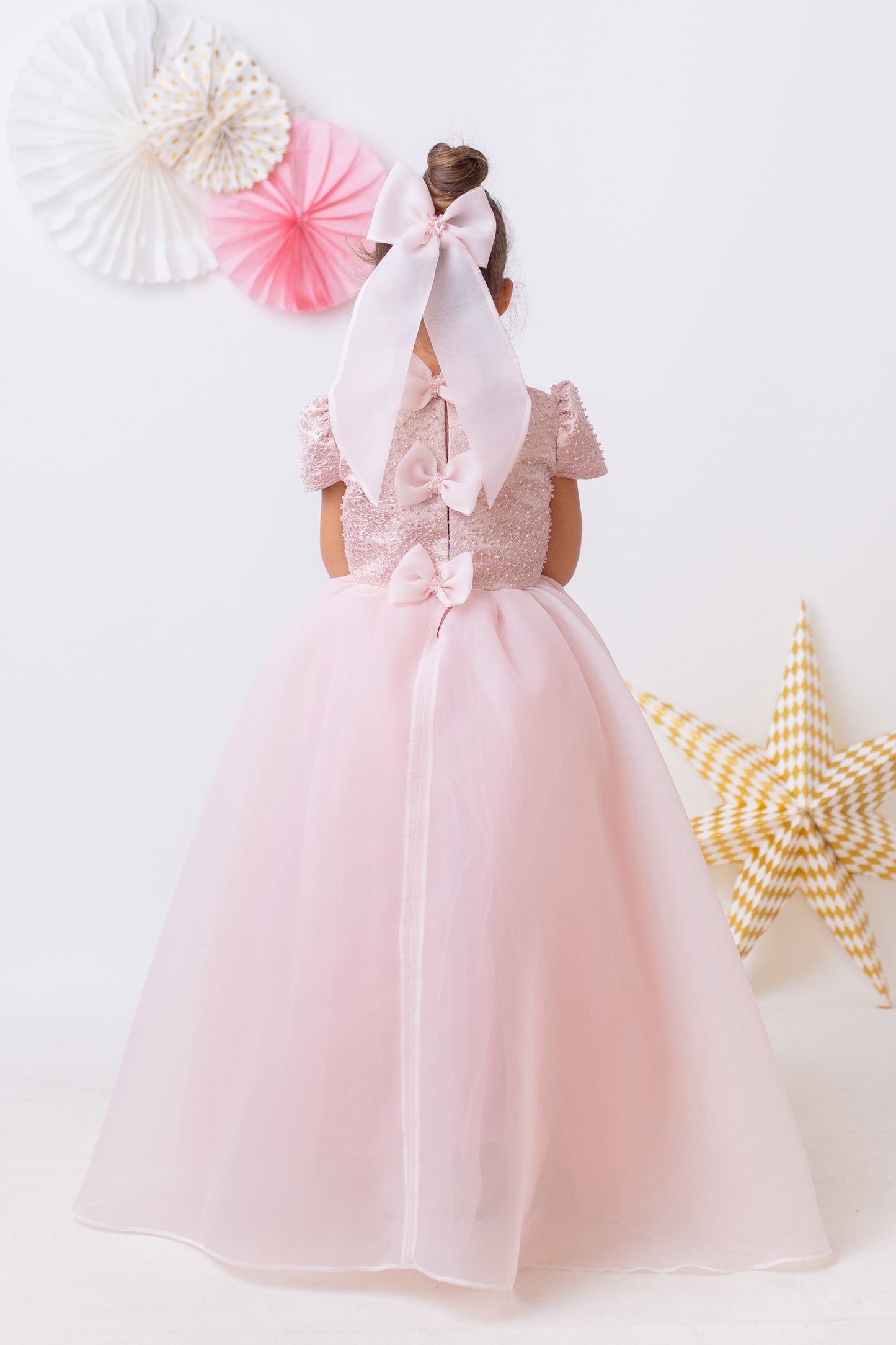 Elegant Blush Pink Flower Girl Dress with Pearls, Satin Bows