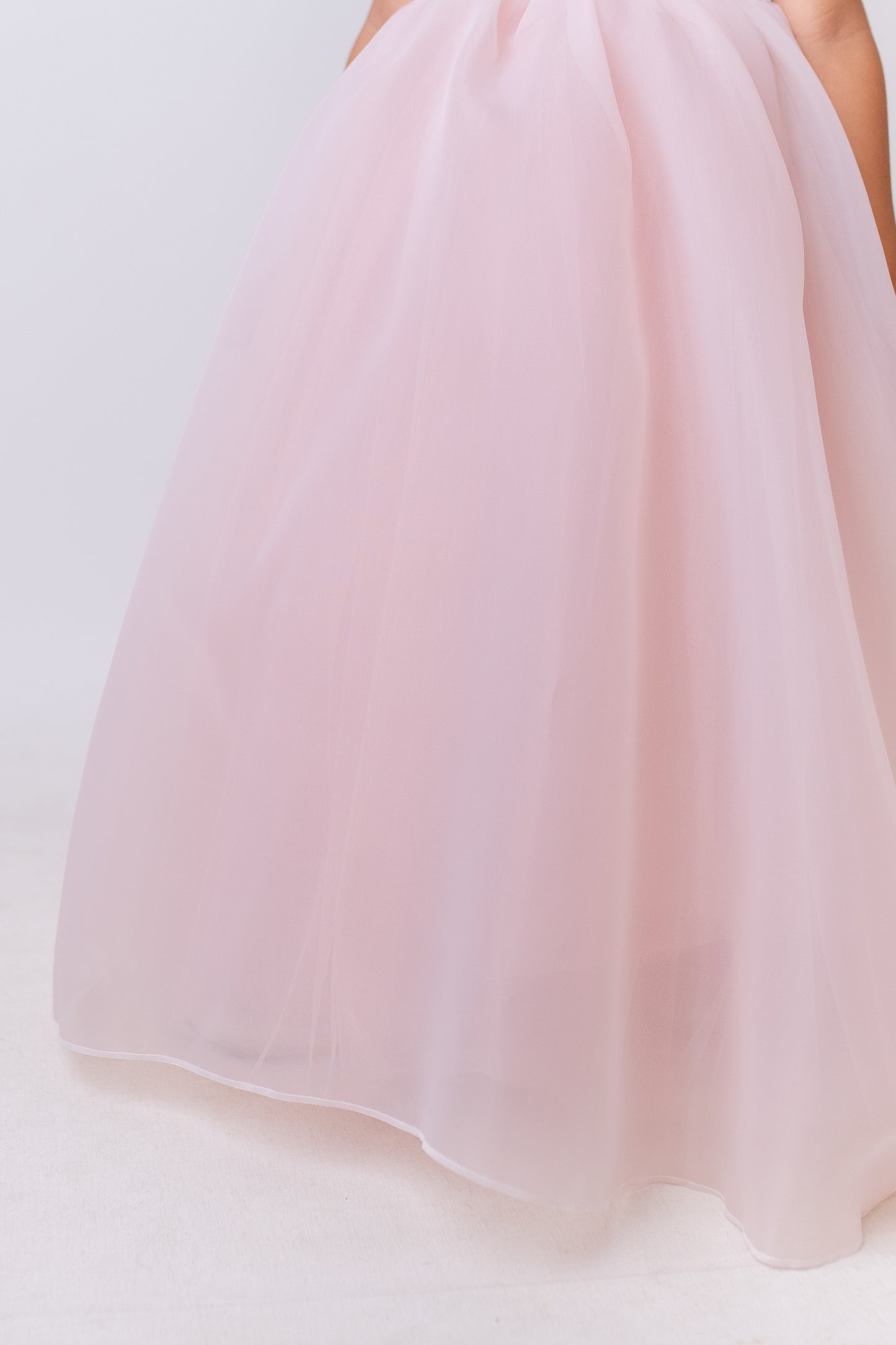 Elegant Blush Pink Flower Girl Dress with Pearls, Satin Bows