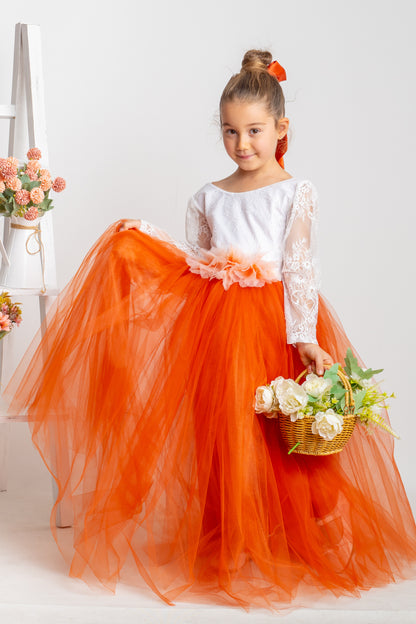 Burnt Orange Tulle Flower Girl Dress, Lace V-Back, Fall Wedding