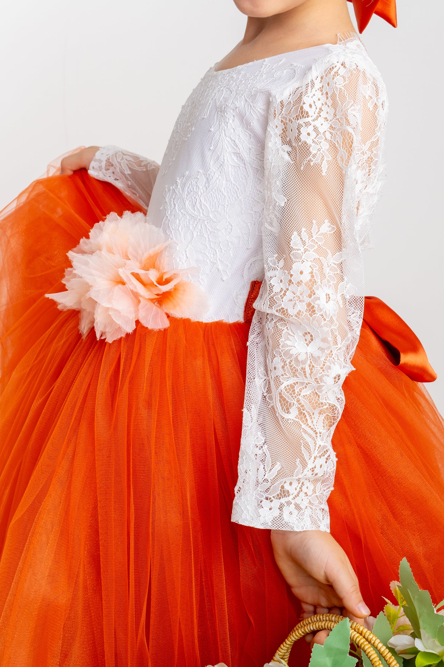 Burnt Orange Tulle Flower Girl Dress, Lace V-Back, Fall Wedding