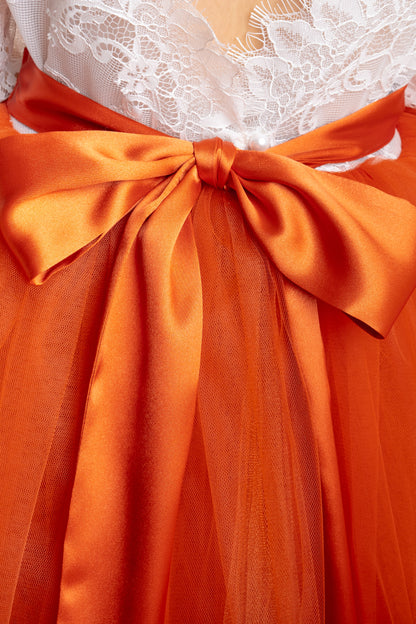 Burnt Orange Tulle Flower Girl Dress, Lace V-Back, Fall Wedding