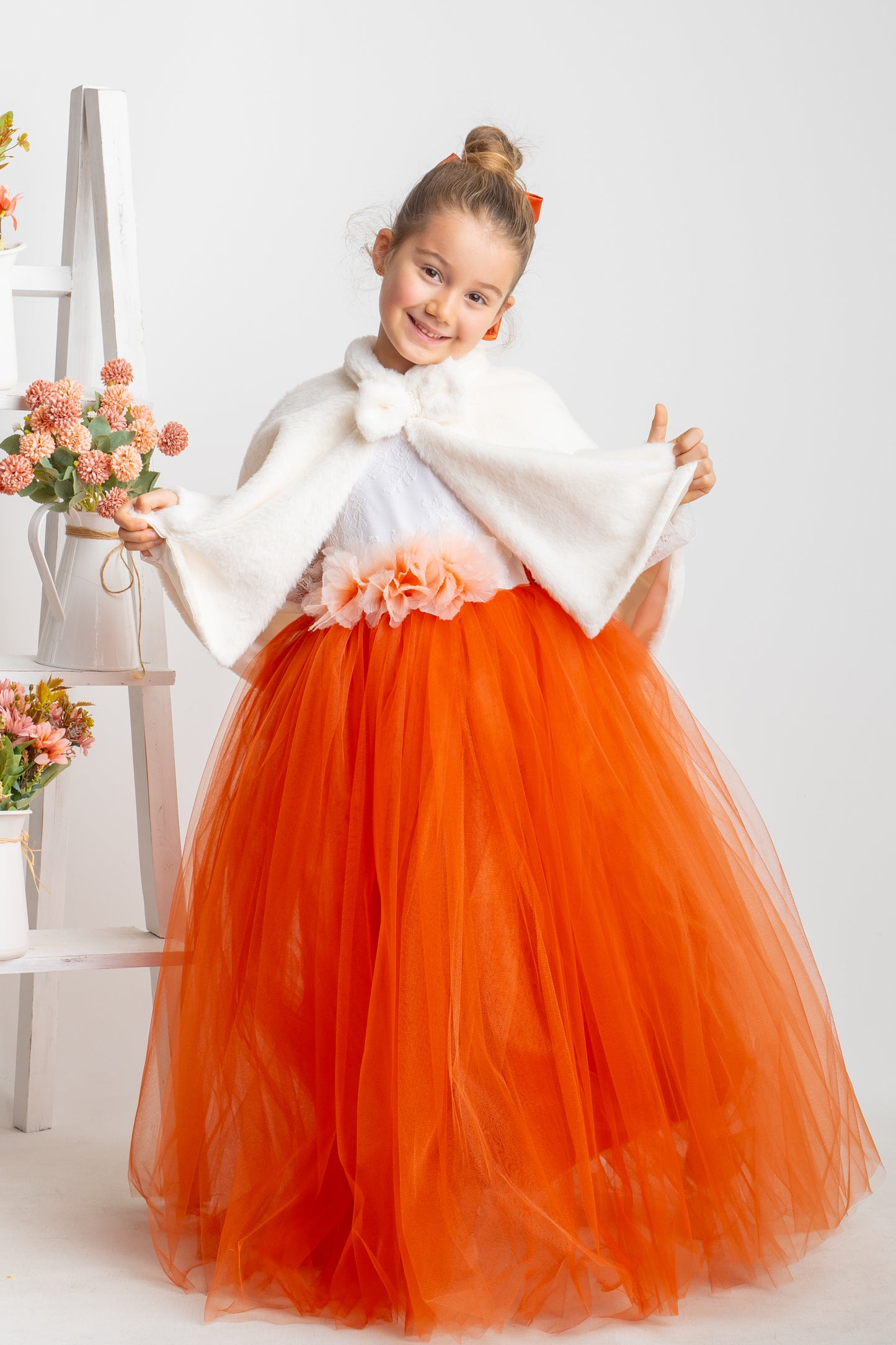 Burnt Orange Tulle Flower Girl Dress, Lace V-Back, Fall Wedding