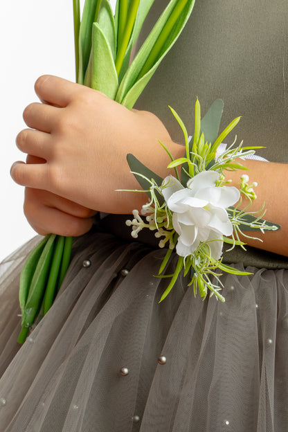 Olive Green Pearl Tulle Flower Girl Dress: Short Sleeves Satin Bodice