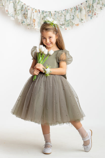 Olive Green Pearl Tulle Flower Girl Dress: Short Sleeves Satin Bodice