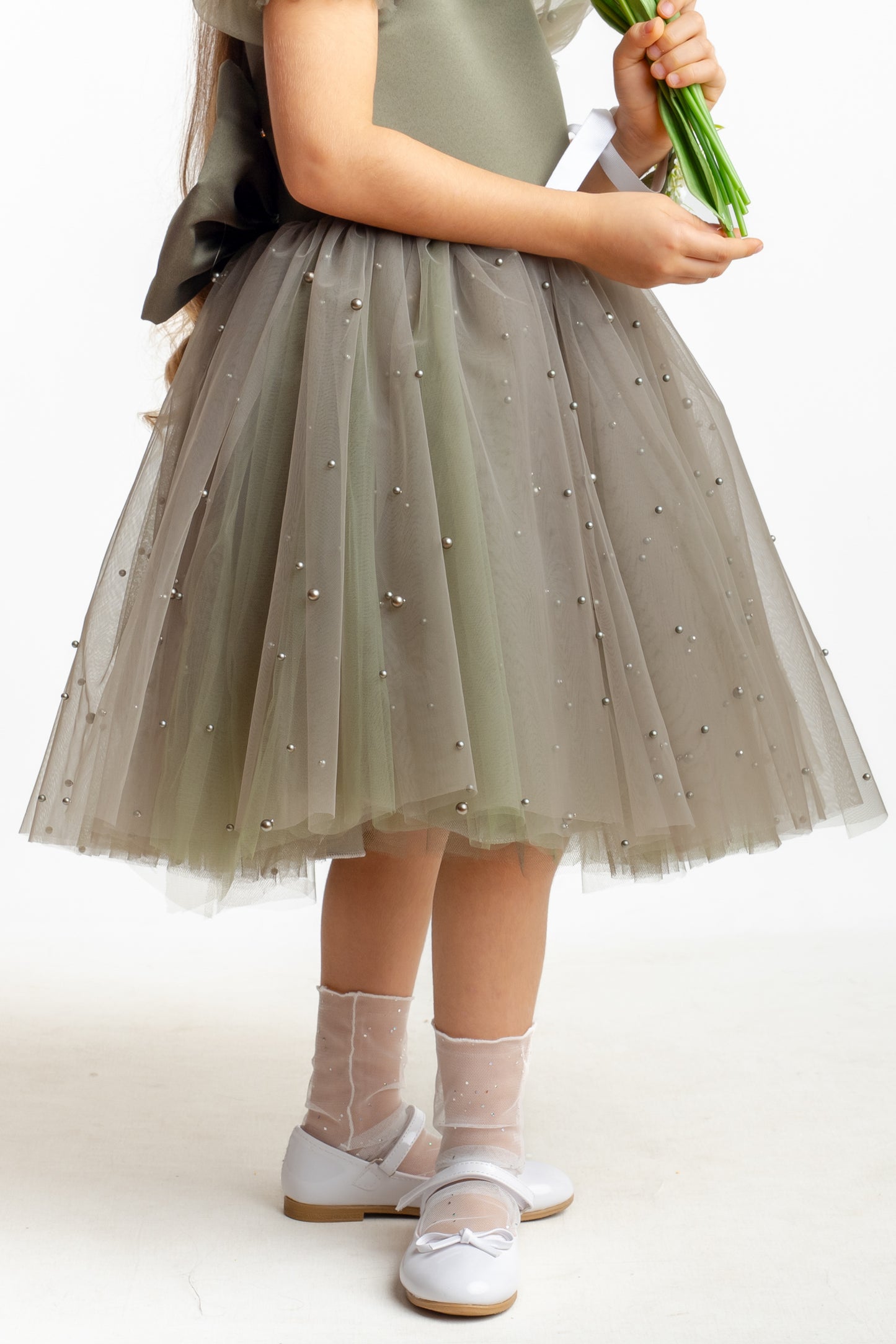 Olive Green Pearl Tulle Flower Girl Dress: Short Sleeves Satin Bodice