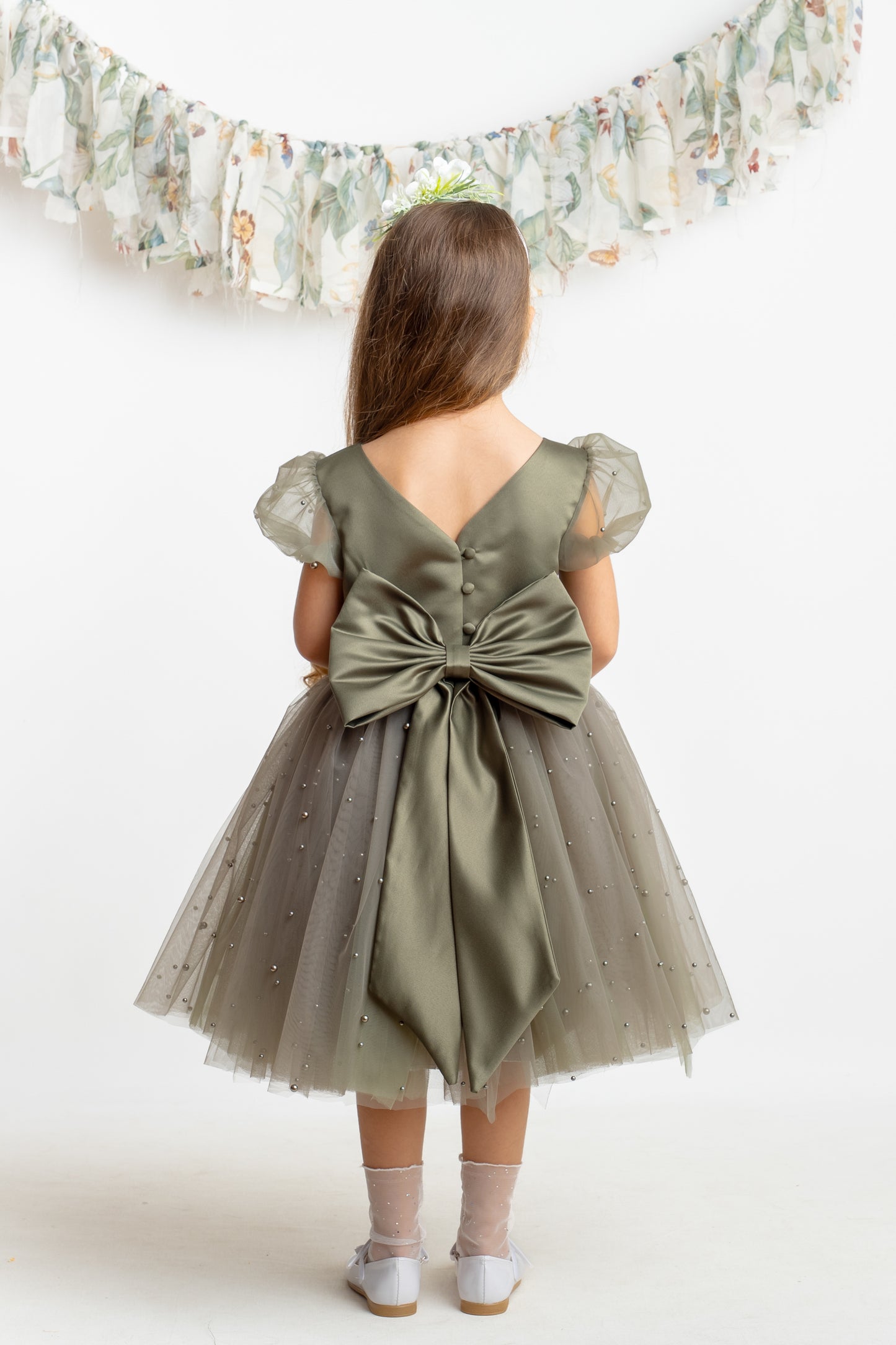 Olive Green Pearl Tulle Flower Girl Dress: Short Sleeves Satin Bodice